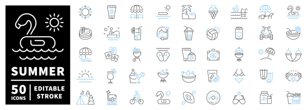 Summer icons collection. Summer activities icons set. line, editable line icons, beach and fun symbols. Summer related icons