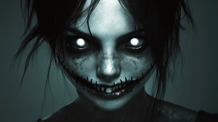 Creepy digital art portrait with glowing eyes