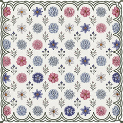 Floral Pattern Illustration with Repeating Flower Design, Border Frame, and Vintage Style for Designs