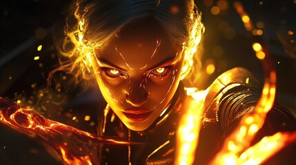 Fiery woman glowing eyes fantastical portrait