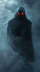 Mysterious figure emerging from ethereal clouds