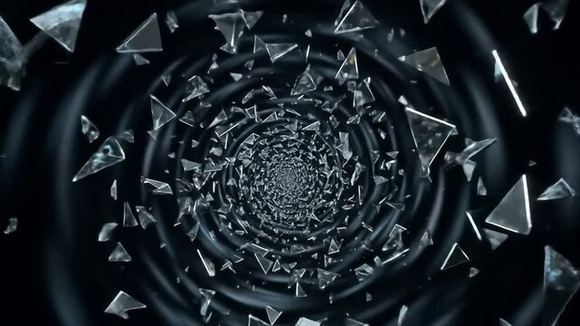 Jagged shards of glass spiral into a dark, vortex-like tunnel.