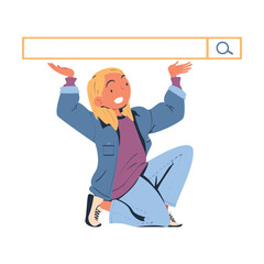 Woman Character Looking for Information in Search Field Bar Vector Illustration