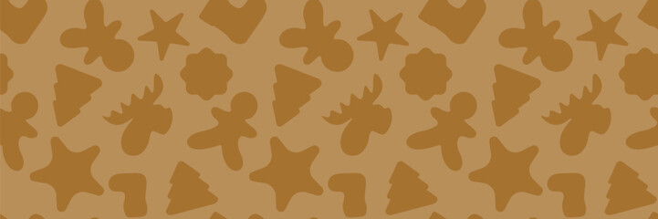 Cozy vector seamless gingerbread cookie silhouette pattern featuring shapes of a gingerbread man, moose, tree, and star in a monochromatic brown palette.
