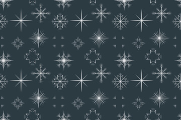 Elegant vector seamless pattern featuring dense, scattered geometric snowflakes and spiky starbursts in white on a deep navy blue background, ideal for sophisticated winter and holiday design.