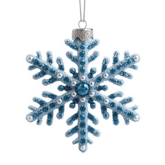 christmas decoration. Sparkling blue snowflake ornament with intricate details.