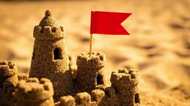 Detailed sandcastle with turrets and a red flag on a sunny beach landscape