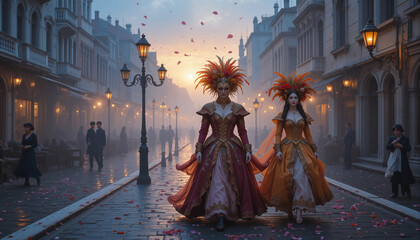 Elegant Figures in Elaborate Costumes Walk Through a Misty Street Adorned With Lanterns and Rose Petals at Dusk