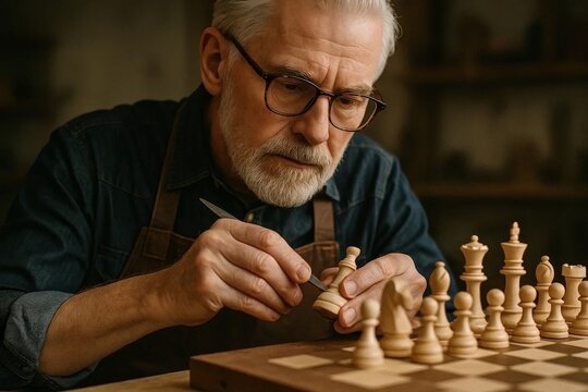 Senior craftsman carving wooden chess piece at workbench with focus.