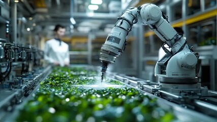Automated robotic arm working in a modern vertical farm with scientists. - Powered by Adobe