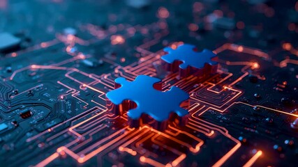Blue puzzle pieces placed on glowing electronic circuit board symbolizing technology integration and digital connection concept in innovation - Powered by Adobe