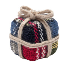 christmas decoration. Knit gift wrapped in yarn with a bow.