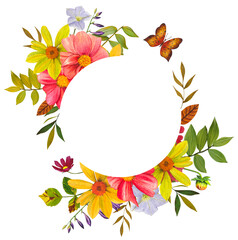 Floral autumn round frame with dahlias and autumn leaves. Hand drawn watercolor illustration.