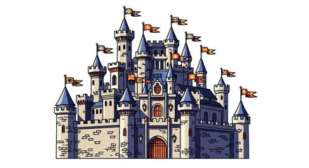 A majestic medieval castle with towering turrets, fluttering flags, and intricate stonework, evoking a sense of history and fantasy