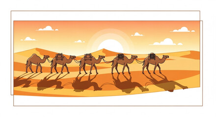 A caravan of camels traverses the vast desert landscape, with the sun setting in the background, casting long shadows across the sand