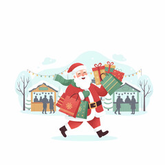 Christmas Shopping Santa Claus Running with Gifts at Winter Market Scene