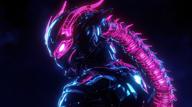 Futuristic creature with glowing elements dark background