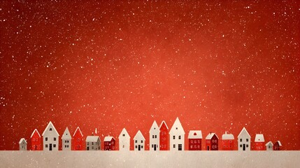 Festive miniature houses stand idyllically against a vibrant red background speckled with white stars, creating a magical holiday atmosphere.