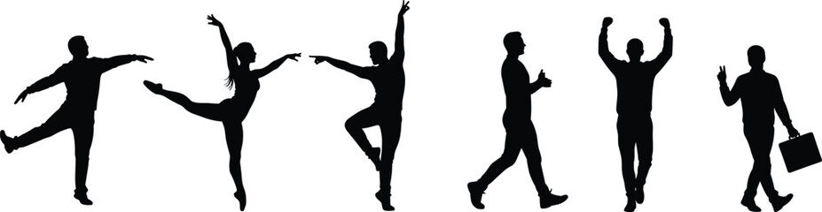 Diverse group of full-length silhouettes showcasing various actions, including elegant dancers, dynamic walking poses, and victorious gestures, perfect for illustrating movement