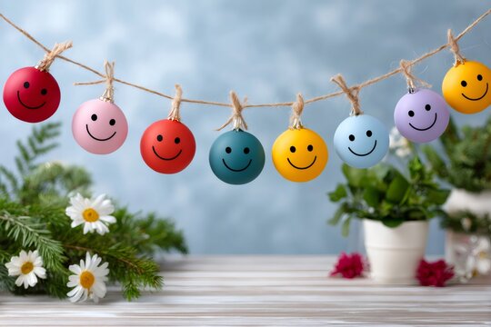 Colorful smiling face ornaments hanging on string garland - Powered by Adobe