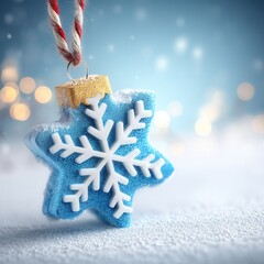 christmas decoration. Blue snowflake ornament glimmers against a soft, blurred background.