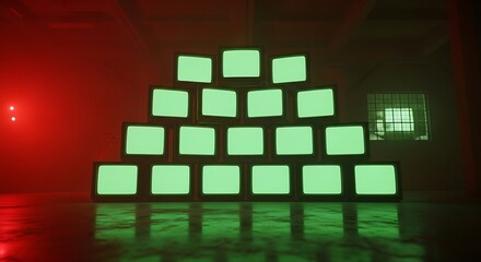 A pyramid of old televisions with glowing green screens in a red lit room with a barred window nearby