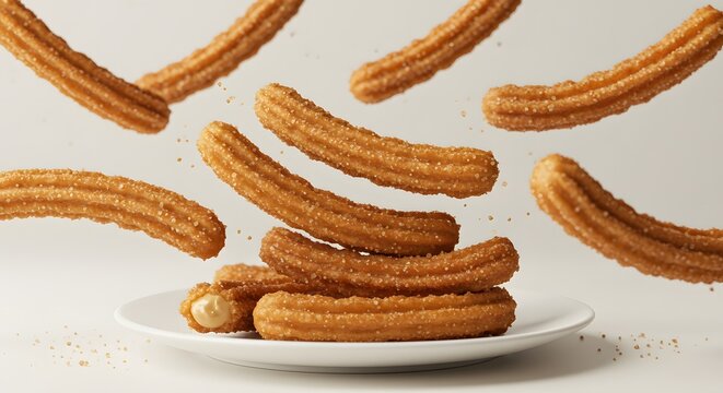 Fresh Churros with Sugar and Cream Filling on White Plate - Powered by Adobe