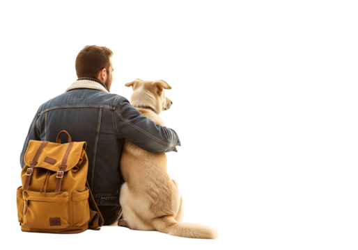 Man and Dog Sitting Together on White Background

