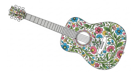 Acoustic guitar with floral design, a unique and artistic musical instrument adorned with colorful flowers and leaves