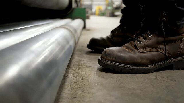Workers Feet in Safety Boots Standing Next to Metal Pipes in an Industrial Factory Setting.