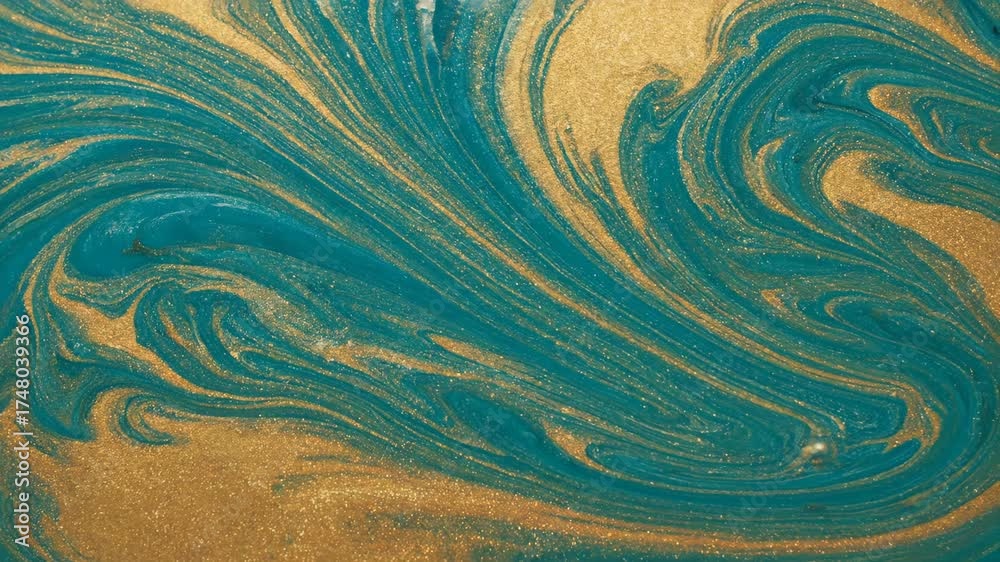 Canvas Prints seamlessly looping video of flowing liquid marble texture in vibrant teal and gold, creating an orga