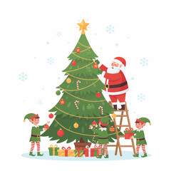 Santa Claus and Elves Decorating Christmas Tree with Presents Festive Holiday Scene