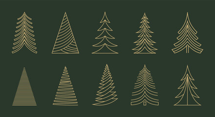 Obraz premium Christmas tree set, minimalist geometric icon, line elements