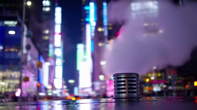 Cityscape nighttime steam vent