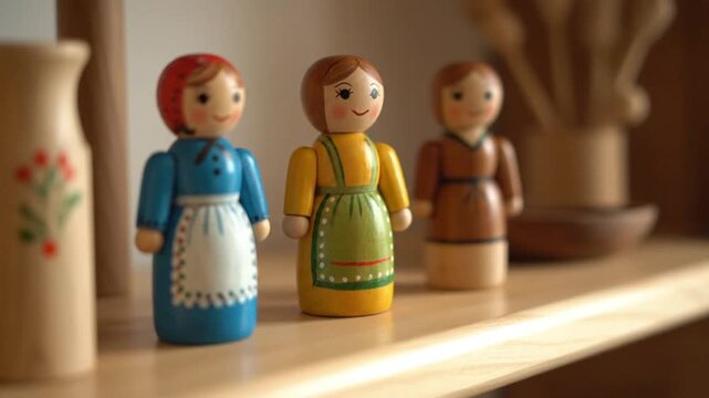 Three vintage wooden doll figures in traditional peasant dress adorn a wooden shelf