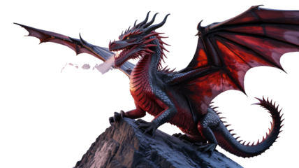 Majestic red and black dragon perched on a rocky peak, wings spread wide, breathing fire, ready to unleash its power in a fantasy setting