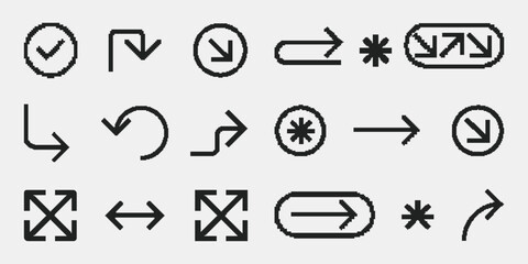 Set of Arrow Pixel. Pixelated direction pointers. Black navigation. Path marks isolated on white background.