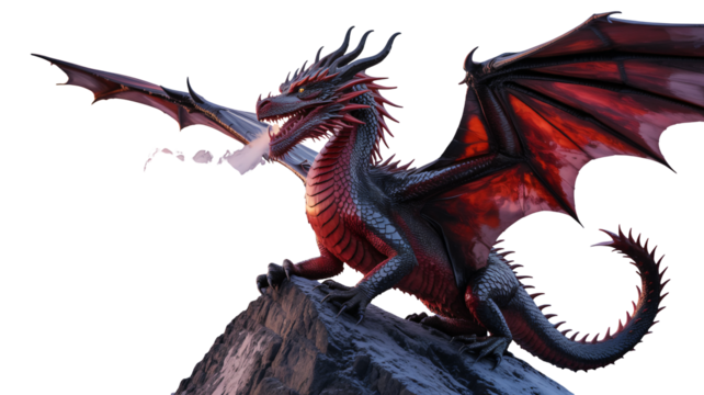 Majestic red and black dragon perched on a rocky peak, wings spread wide, breathing fire, ready to unleash its power in a fantasy setting