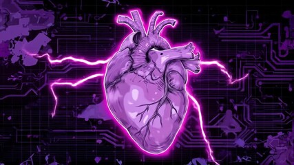 Animated heart with electric arcs on circuit board background