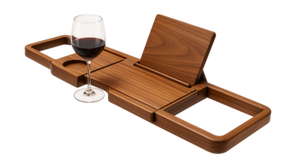 Expandable wooden bathtub tray with wine glass holder and tablet stand for a luxurious