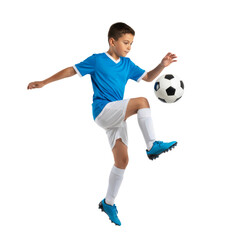 Focused young soccer player skillfully controlling a football, displaying agility and passion for