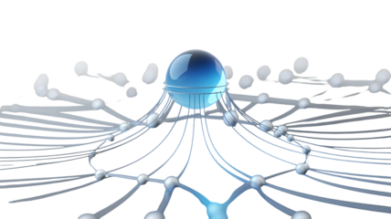 Dynamic 3D network sphere with interconnected nodes, representing data flow, innovation, and global connection in a modern design
