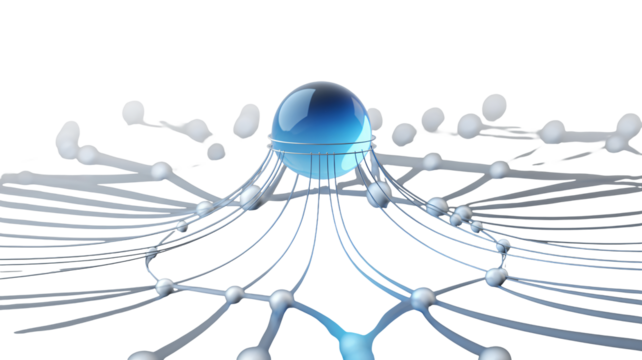 Dynamic 3D network sphere with interconnected nodes, representing data flow, innovation, and global connection in a modern design