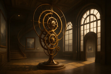 Museum hall with kinetic clock sculpture