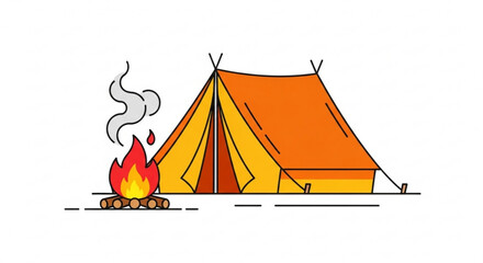 Illustration of a tent and campfire, evoking camping, adventure, and outdoor recreation in a minimalist and modern design