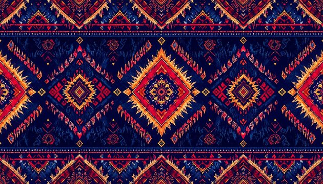 Vibrant, intricate pattern with repeating geometric motifs - Powered by Adobe