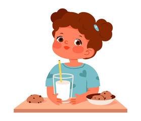 Cute girl having breakfast with cookies and milk. Flat vector illustration of healthy eating, childhood joy, and cozy morning moments.