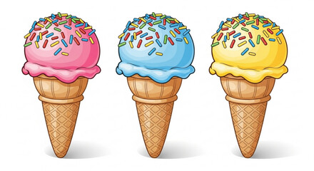 Three ice cream cones with colorful sprinkles a delicious and delightful illustration of summer treats and sweets