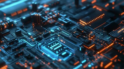 Electronic circuit board glowing with digital data flow - Powered by Adobe