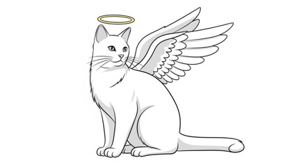 An angelic white cat with wings and a halo, , representing purity, innocence, and divine grace in a serene illustration